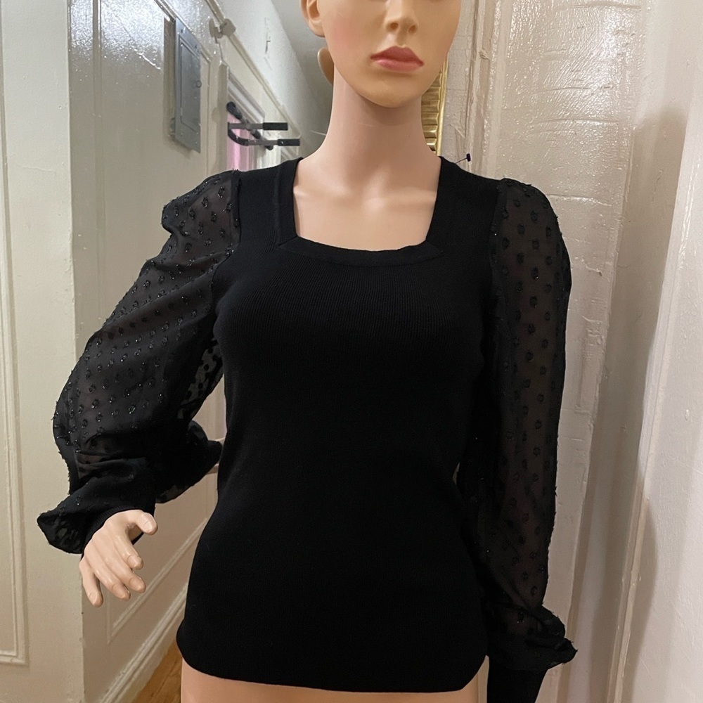 Carmen Marc Valvo Black Blouse with Sheer Sleeves